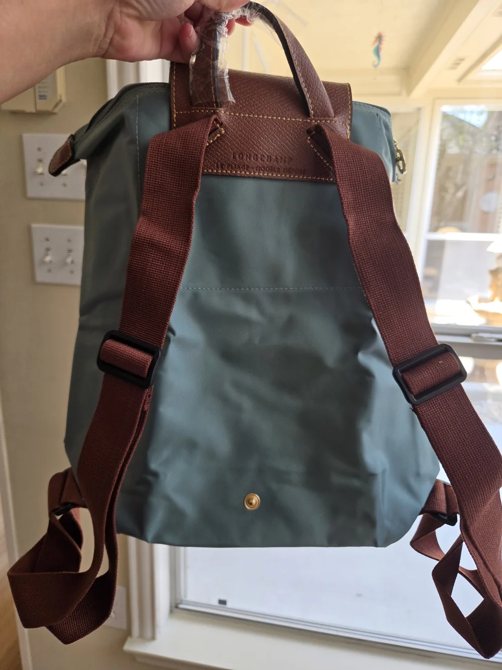 Longchamp Le Pliage Large Teal Backpack with Brown Trim